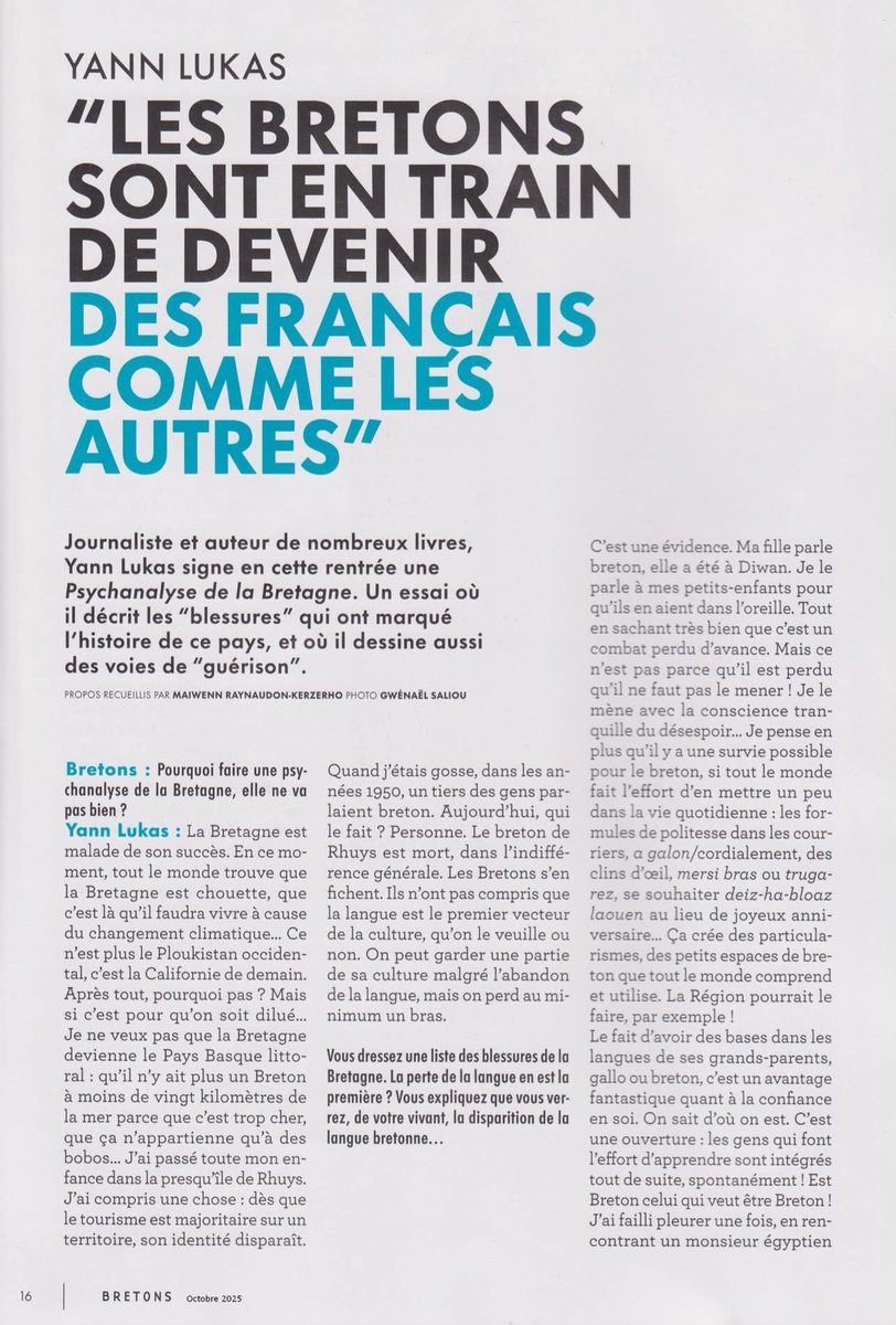 La #Bretagne plaît beaucoup aux voisins français et cela fait peser le risque d'une perte d'alterité, comme le souligne le journaliste et écrivain Yann Lukas dans le dernier numéro du magazine "Bretons". Diwallomp, prenons garde à conserver notre identité et notre spécificité