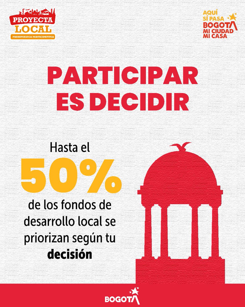 GobiernoBTA's tweet photo. ¿Sabías que puedes incidir hasta el 50% de los recursos de tu localidad?
Desde el 26 de septiembre en tu alcaldía loca, chatico y plataforma web podrás priorizar 5 iniciativas que mejorarán tu localidad. ¡Participa!
#ProyectaLocal #PresupuestosParticipativos https://t.co/twgkQ299wh
