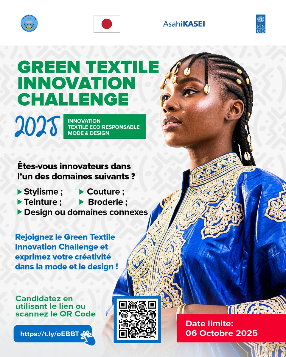Délai prolongé jusqu'au 06 Octobre 2025 !

Participez au Concours d'Innovation Textile Vert, exprimez votre créativité et tentez de gagner jusqu’à 2 millions de FCFA 🪙 !

✍ Postulez ici :
forms.fillout.com/t/mECVxT6WpVus