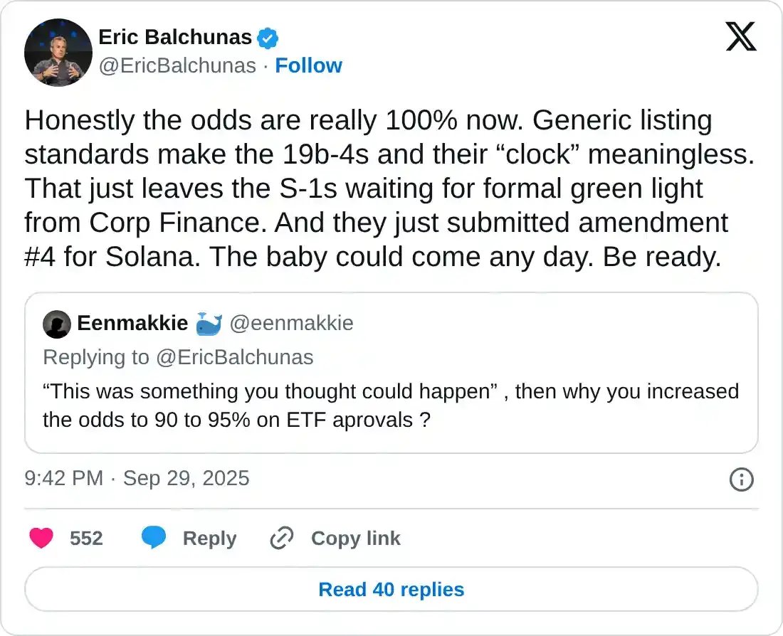 Screenshot of Eric Balchunas's tweet on Solana ETF approval odds