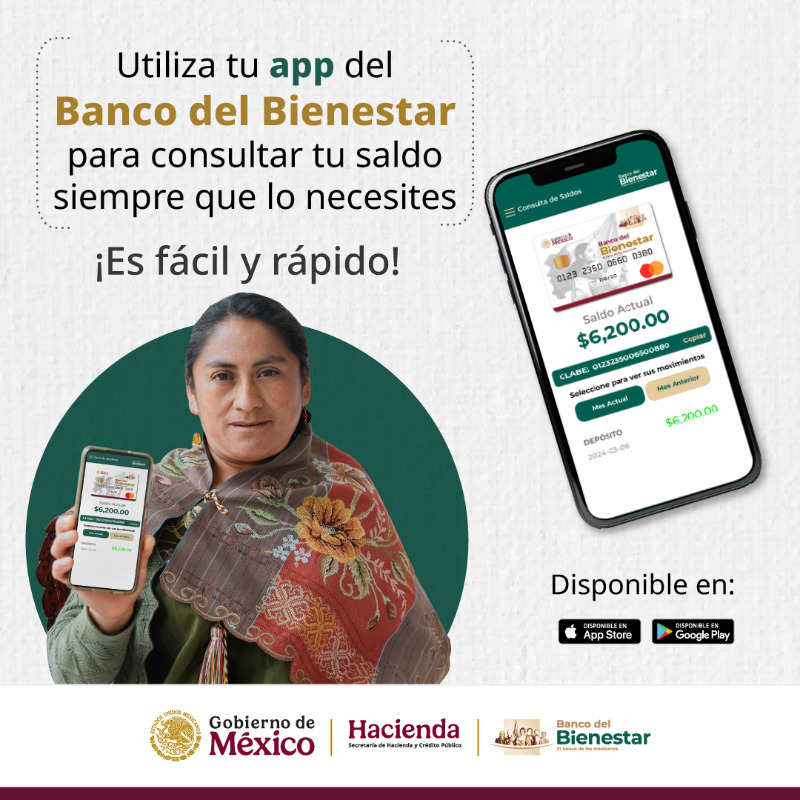 Utiliza tu app del Banco del Bienestar para consultar tu saldo siempre que lo necesites. Es fácil y rápido. 

Recuerda que es totalmente gratuita.