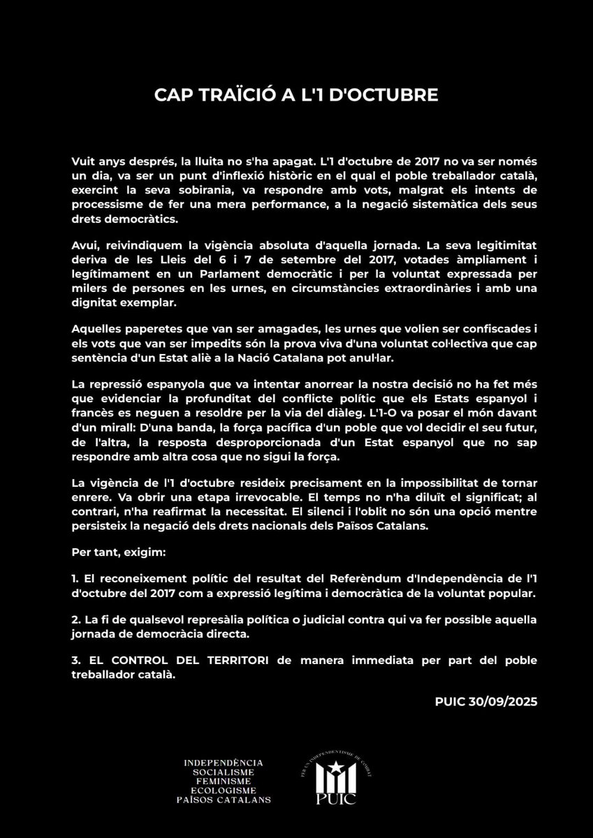 Comunicat PUIC:

CAP TRAÏCIÓ A L'1 D'OCTUBRE

#INDEPENDÈNCIA
#SOCIALISME
#FEMINISME
#ECOLOGISME
#PAÏSOSCATALANS