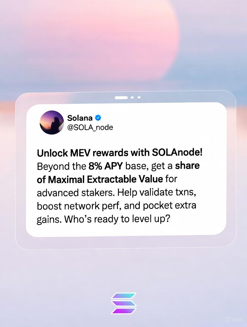 SOLA_node's tweet image. Unlock MEV rewards with SOLAnode! Beyond the 8% APY base, get a share of Maximal Extractable Value for advanced stakers. Help validate txns, boost network perf, and pocket extra gains. Who&apos;s ready to level up? solanode.one #MEV #SolanaValidator