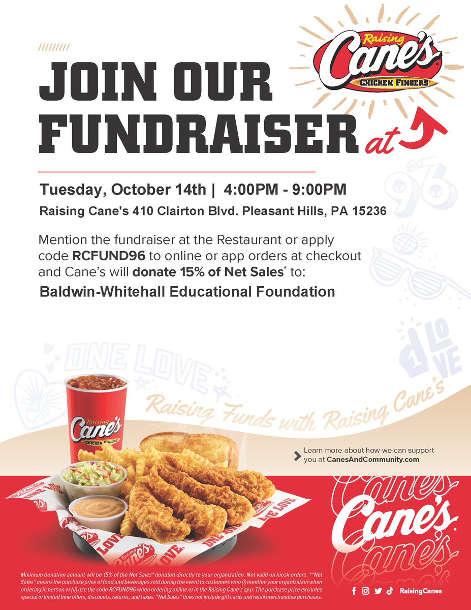 Come to <a href="/raisingcanes/">Raising Cane's</a> in Pleasant Hills on 10/14 for a BWEF Takeover! Teachers from <a href="/BWSDNews/">Baldwin-Whitehall</a> will take orders, make desserts, work the drive-thru line &amp; serve food at this special fundraising event! 
Plus: a special student contest! Learn more: bwef.weebly.com/fundraising-id…