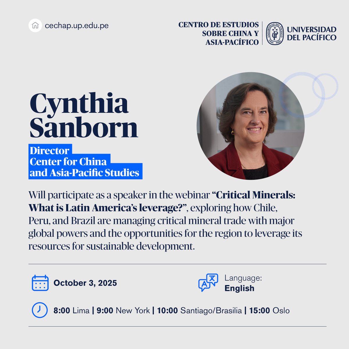 Cechap_Up's tweet image. 🌏 Latin America at the center of the global race for critical minerals!
Our Director Cynthia Sanborn (@CSanbornUP)  joins international experts from Chile & Brazil.
📅 Oct 3 | 8:00 a.m. Lima 
👉 Register: bit.ly/46JcFib