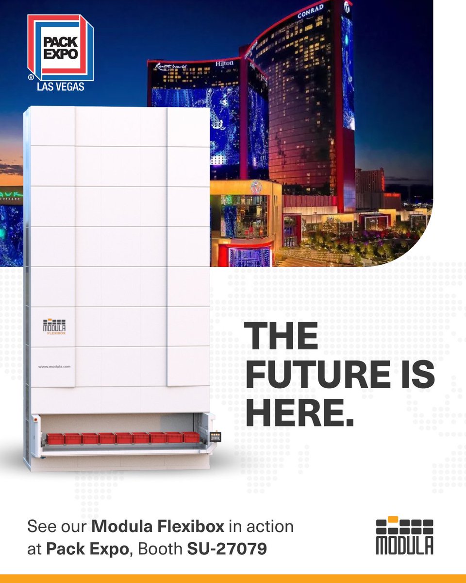 ModulaUS's tweet image. Modula FlexiBox is setting a new standard for compact, high-density storage, and it's on display at @packexposhow 2025.
Come see what the future looks like:
📍Booth SU #27079 @ Las Vegas Convention Center
#ModulaUSA #ThinkVertical #PackExpo2025 #ModulaFlexiBox #SmartStorage…