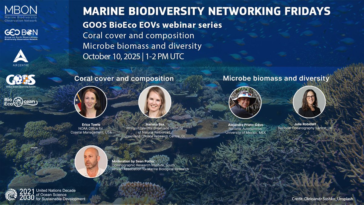 AIRCentre_org's tweet image. 🌊 Join our next @MarineBON1 Networking Friday w/ GOOS BioEco EOVs!
🗓️Oct 10, 1-2 PM UTC
🪸 Coral cover &amp;amp; composition 🦠 Microbe biomass &amp;amp; diversity
Essential data for ocean health &amp;amp; climate action
Register now! 🔗aircent.re/4nrJNlA
#MarineBiodiversity #GOOS #OceanObserving