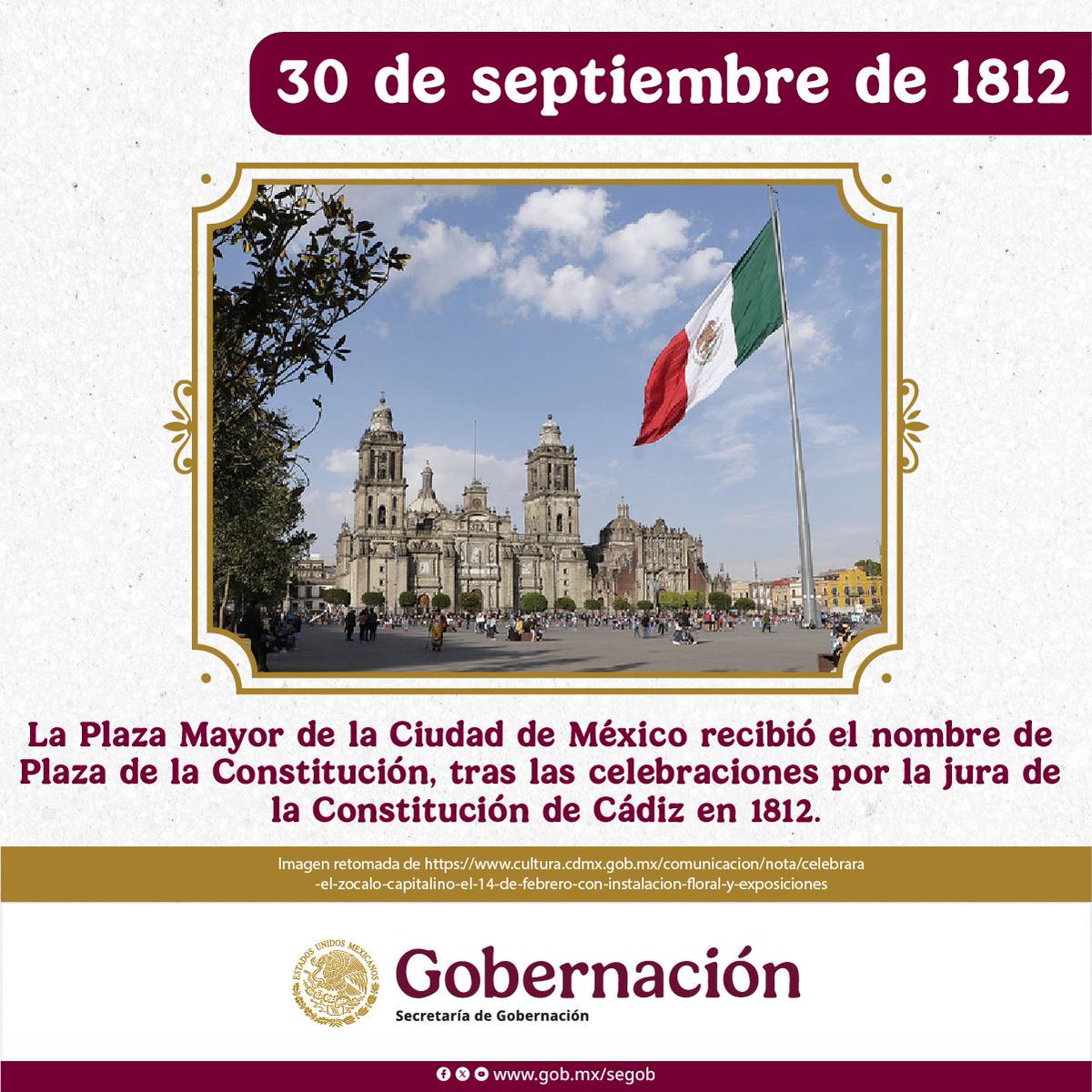 🏛️ ¿Sabías que…?
En 1812, la Plaza Mayor de la Ciudad de México pasó a llamarse Plaza de la Constitución por la jura de la Constitución de Cádiz. Hoy la conocemos como el Zócalo, símbolo de identidad y encuentro nacional.