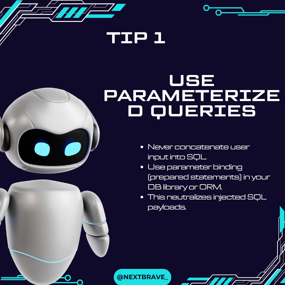 nextbrave_'s tweet image. &quot;SQL Injection is still dangerous — here are 3 quick ways to stop it: parameterized queries, strict input validation, and proper error handling + monitoring. Protect your app. 🛡️ #AppSec #WebSecurity #SQLi #DevSecOps #CyberSecurity