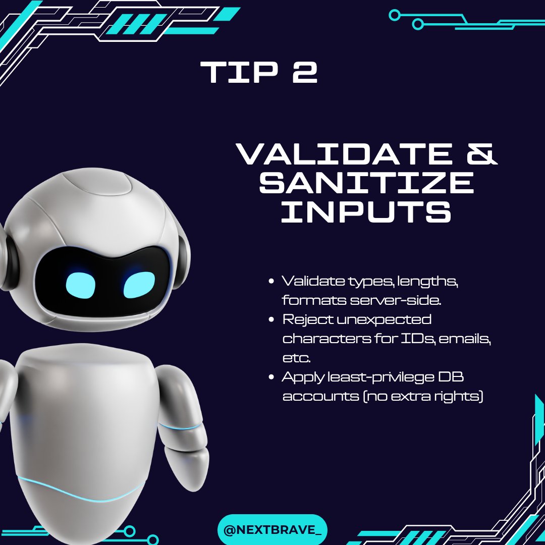 nextbrave_'s tweet image. &quot;SQL Injection is still dangerous — here are 3 quick ways to stop it: parameterized queries, strict input validation, and proper error handling + monitoring. Protect your app. 🛡️ #AppSec #WebSecurity #SQLi #DevSecOps #CyberSecurity