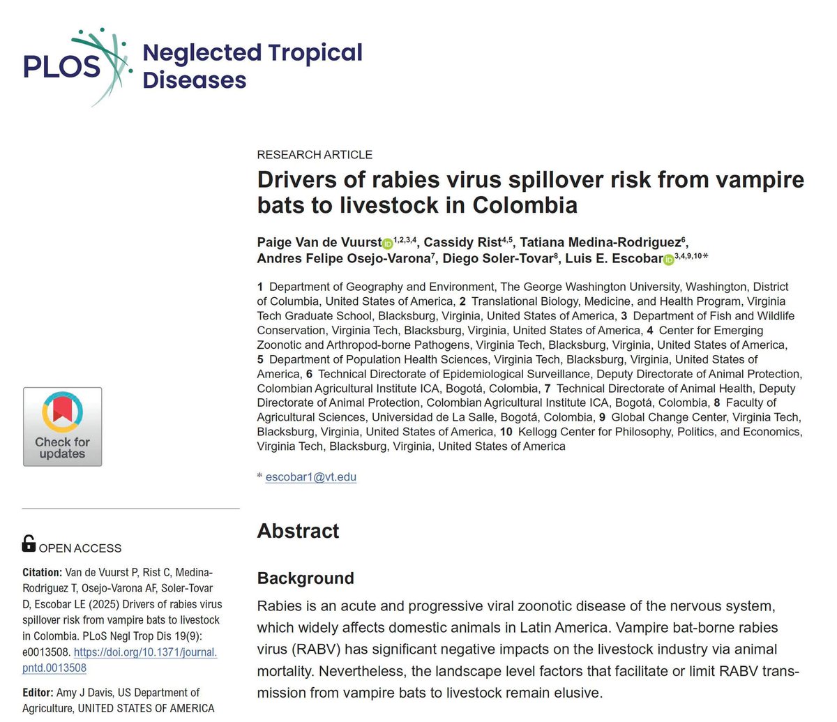 We share our most recent publication on factors contributing to the risk of #rabies #virus spread from #vampire #bats to livestock in Colombia <a href="/Luis_Escobar_VT/">Luis E. Escobar</a> <a href="/dsolert/">Diego Soler-Tovar</a> <a href="/ICACOLOMBIA/">ICA Colombia</a> <a href="/unisalle/">Unisalle</a>... doi.org/10.1371/journa…