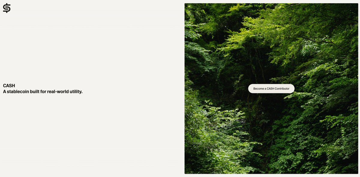 CASH stablecoin promotional image with forest background and tagline 'A stablecoin built for real-world utility'