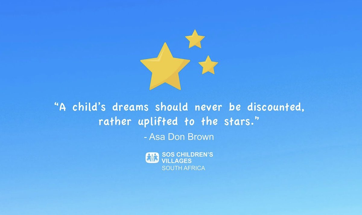 DrAsaDonBrown's tweet image. “A child’s dreams should never be discounted, rather uplifted to the stars.” ~ Dr. Asa Don Brown

#resiliency #hopes #dreams #ideas #discovery #belief #imagination #creativity #SOSChildrensVillages #SouthAfrica #AsaDonBrown @DrAsaDonBrown