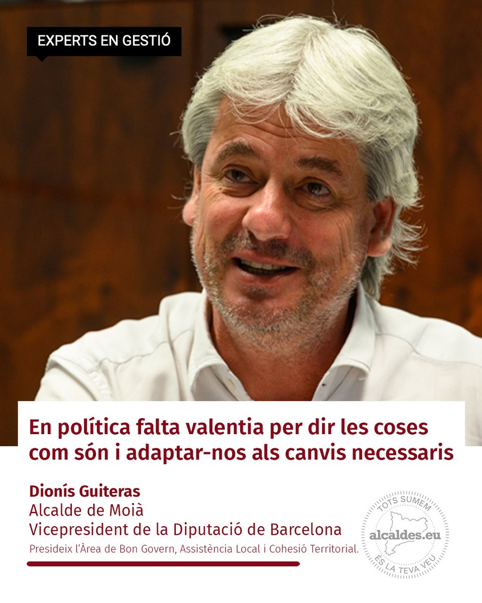 Dionís Guiteras reclama una actualització de l’Administració pública catalana a les necessitats del S. XXI.

👉🏼 Llegeix l'entrevista: alcaldes.eu/dionis-guitera…

#BonGovern
#AdministracióPública
#GovernLocal
#TransformacióDigital
#CohesióTerritorial
#DionísGuiteras