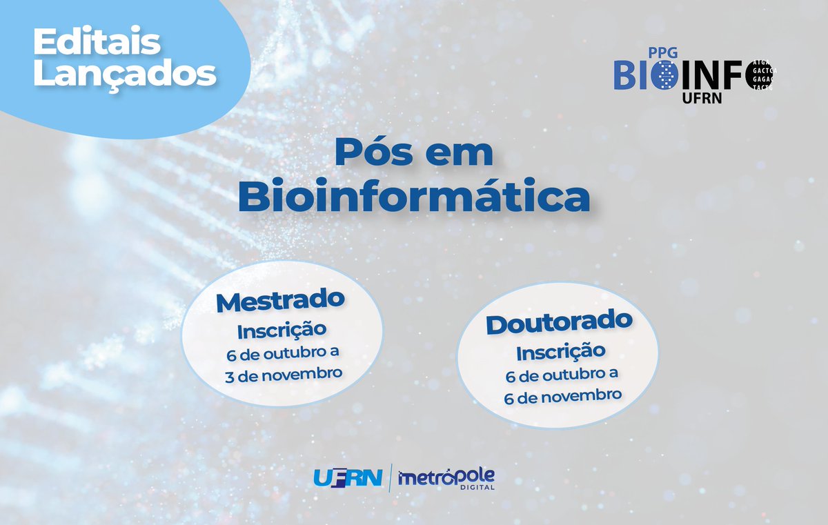 metropoledigi's tweet image. 🎓 Estão abertas as seleções para Mestrado e Doutorado em Bioinformática (ingresso 2026.1).
📌 20 vagas no total — 10 para cada curso.
🗓️ Inscrições a partir de 06/10 via SIGAA/SouGov.
#Bioinformática #PósGraduação #IMD #UFRN