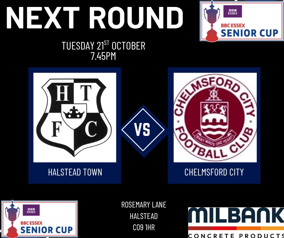 Diary date: <a href="/OfficialClarets/">Chelmsford City FC</a> will be visiting <a href="/MilbankConcrete/">Milbank Concrete Products</a> stadium in the <a href="/BBCEssexSport/">BBC Sport Essex</a> Cup on Tuesday 21st October, 7.45PM KO
It should be a fantastic occasion, make sure you are there