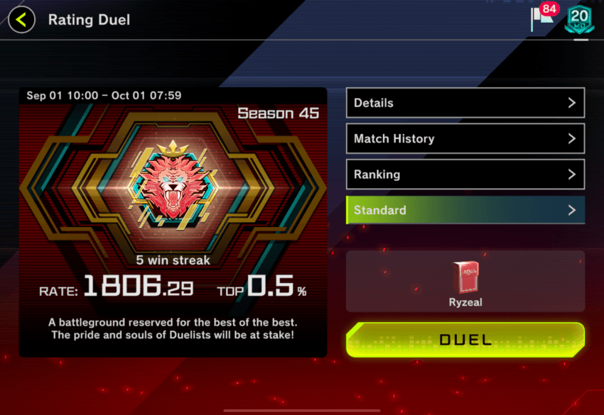 レート1800
Rate season45 ends here.

Everyone worked hard under tough meta.

#マスターデュエル