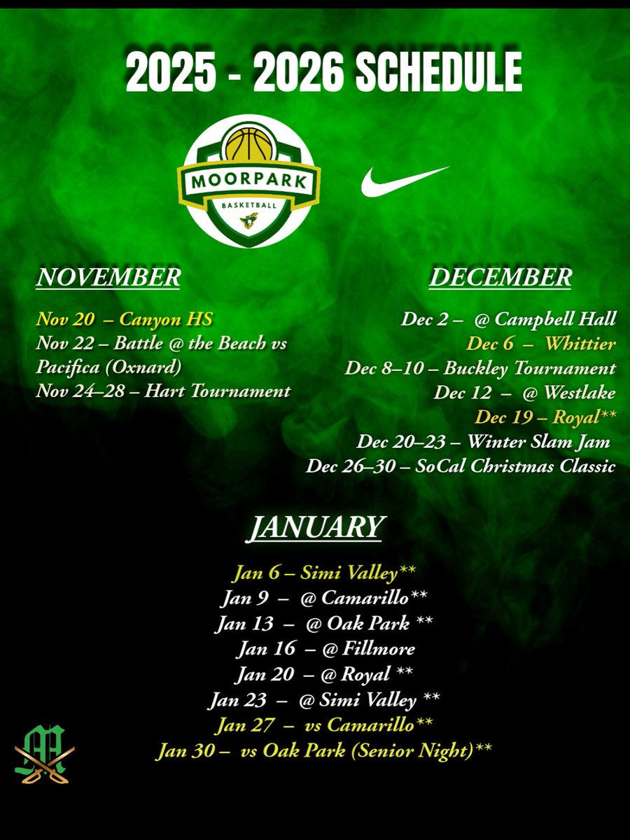 Moorpark HS Boys Basketball (@moorparkhoops) on Twitter photo Mark your calendars 2025–26 Regular Season Schedule is HERE! 🔥
From preseason battles to league play, it’s going to be a year to be proud of. Let’s pack the gym musketeer family— The Park is ready.
🔥 Home Opener: Nov 20 vs Canyon
Let’s make the Madhouse loud all season! ⚔️ Mark your calendars 2025–26 Regular Season Schedule is HERE! 🔥
From preseason battles to league play, it’s going to be a year to be proud of. Let’s pack the gym musketeer family— The Park is ready.
🔥 Home Opener: Nov 20 vs Canyon
Let’s make the Madhouse loud all season! ⚔️
