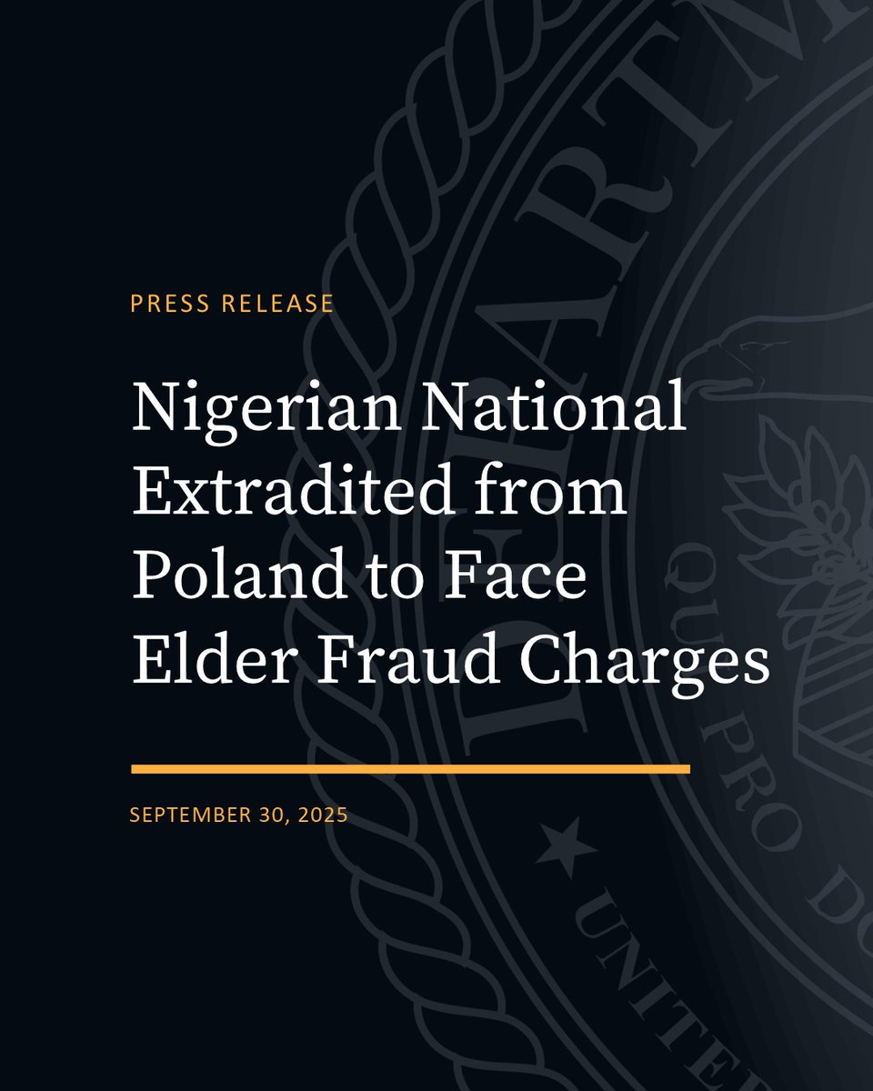 Nigerian National Extradited from Poland to Face Elder Fraud Charges
please see link in bio for press releases.
🔗justice.gov/usao-sdfl/pr/n…

<a href="/USPIS_MIA/">USPIS-Miami</a> 
<a href="/HSI_Miami/">HSI Miami</a>