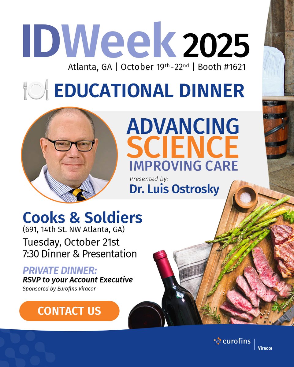 eurofinsviracor's tweet photo. An evening of insight and indulgence awaits during #IDweek2025!

Join us for a gourmet dining experience paired with world-class expertise, “Advancing Science, Improving Care”, an exclusive dinner and presentation with infectious disease leader Dr. Luis Ostrosky-Zeichner.

Savor an unforgettable evening at Cooks & Soldiers, one of Atlanta’s premier culinary destinations, where bold flavors and craft cocktails meet cutting-edge medical conversation.

Dr. Ostrosky-Zeichner will share insights on advancing care and quality in infectious disease medicine.

🎟️ Seating is limited: Private invitation-only event.
Please contact your Account Executive or fill out this form to request to attend: https://t.co/HoJBmRMBpn

Tuesday, October 21st, 7:30pm Dinner & Presentation
Cooks & Soldiers: 691 14th Street NW, Atlanta, GA

#InfectiousDisease #Mycology #IDTwitter @IDWeekmtg