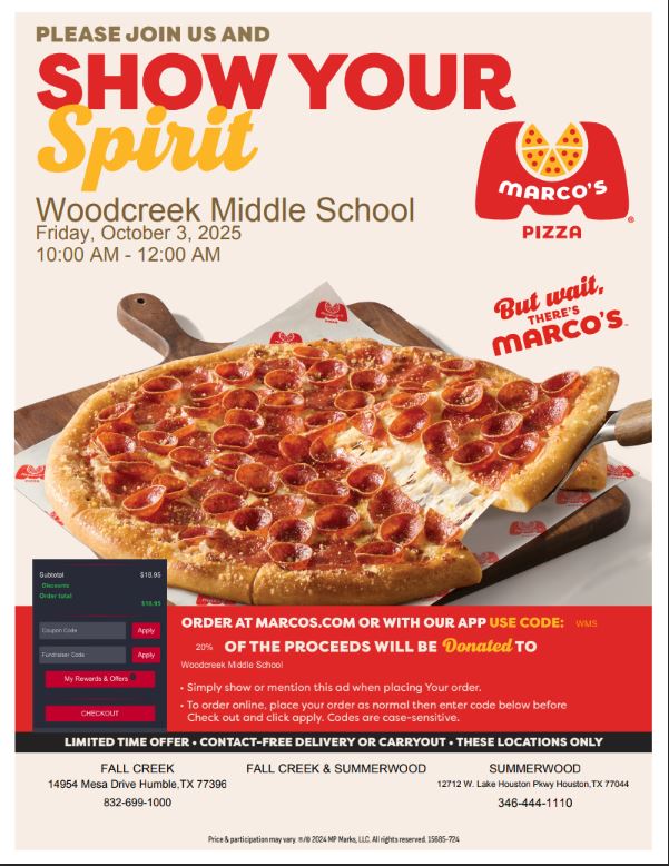 Our next Spirit Night is this Friday, October 3rd at Marco’s Pizza from 10am to midnight – Summerwood &amp; Fall Creek locations! Don’t forget to mention WMS when ordering to support our school!