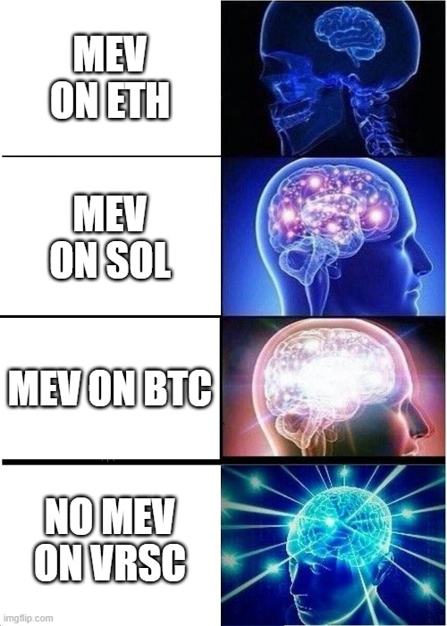 Evolving brain meme illustrating MEV on ETH, SOL, BTC, and no MEV on VRSC