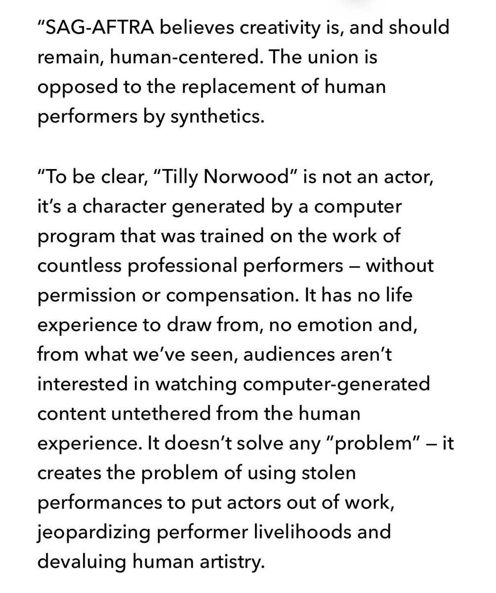MorePerfectUS's tweet image. SAG-AFTRA has released a statement about “Tilly Norwood,” the A.I.-generated “actor.”