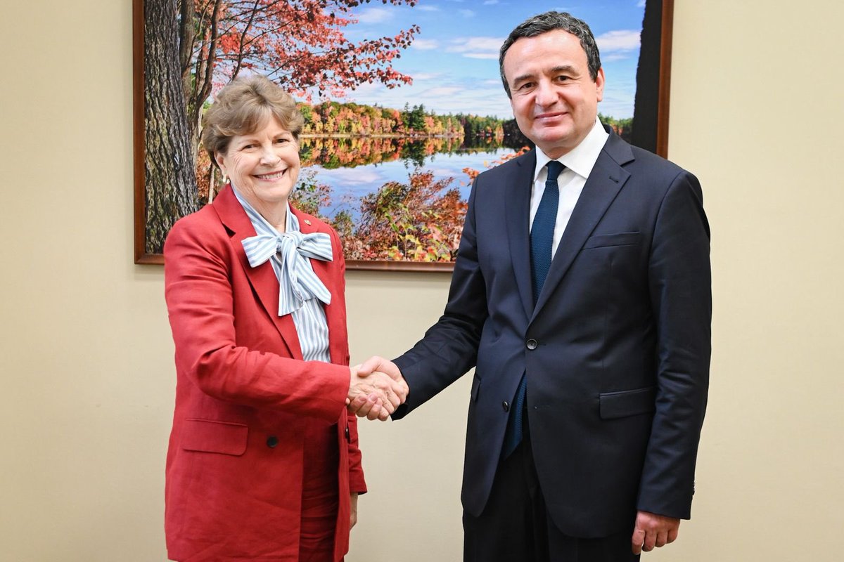 albinkurti's tweet photo. A pleasure to meet with @SenatorShaheen, who visited Kosova shortly after the Banjska terrorist attack and showed her support for our country. We discussed Kosova’s strong economic growth, achievements in the rule of law that are decisively acknowledged by the Gallup report, and the close defense partnership with the U.S.