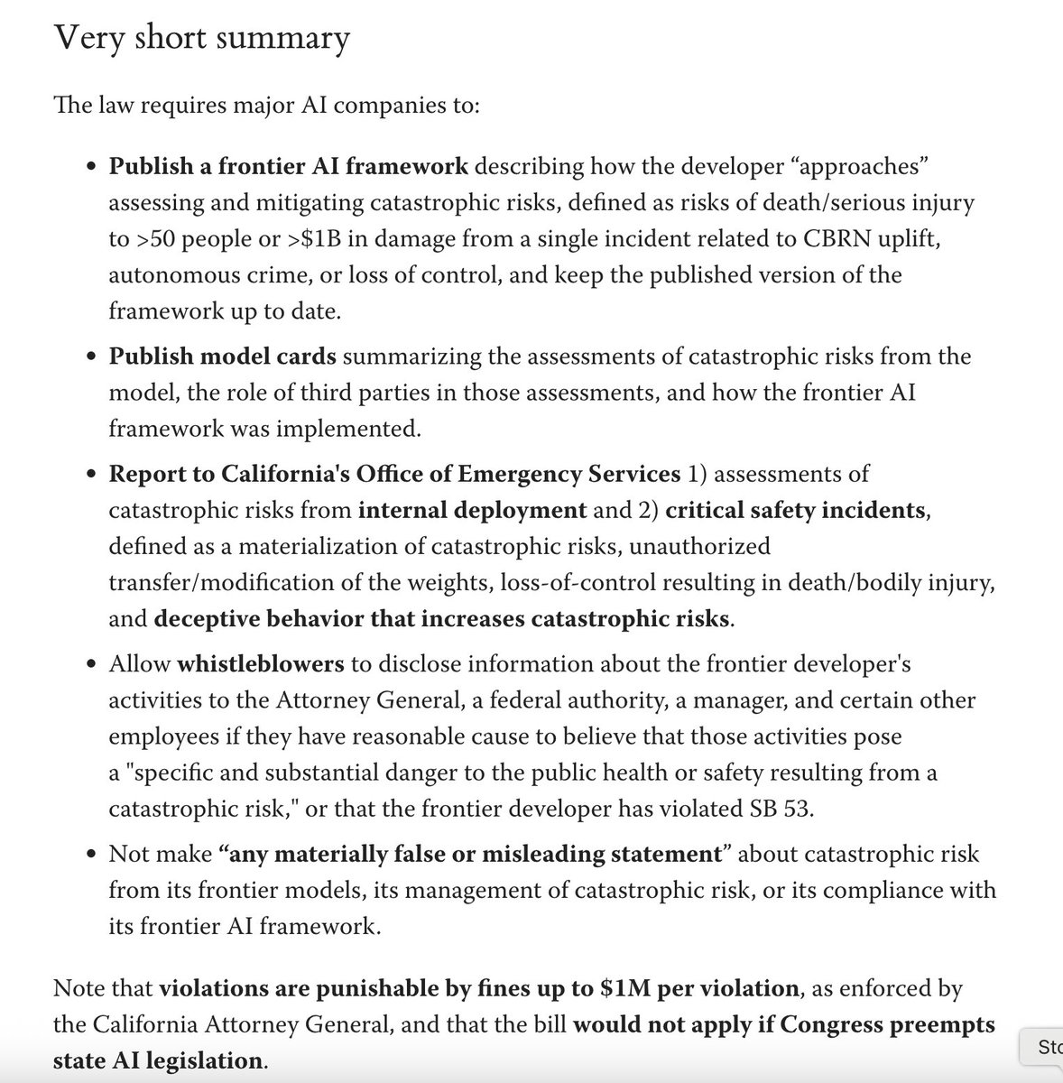 trevposts's tweet image. Yesterday, @CAgovernor signed the first law in the US to directly regulate catastrophic risks from AI systems. I read the thing so you don&apos;t have to.