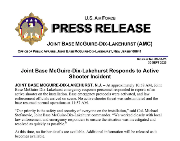 Here's the official release from <a href="/jointbasemdl/">JointBaseMDL</a> about today's lockdown, lifted a short time ago.