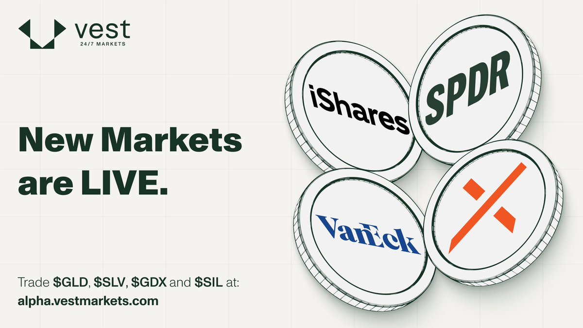 New markets are now LIVE on Vest.

We're introducing $GLD, $SLV, $GDX and $SIL to the platform.

Details on each new perpetual future below.