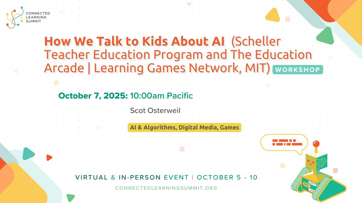 TheCLAlliance's tweet image. Happening virtually next Tuesday, October 7th from 10am - 12pm Pacific at the Connected Learning Summit is MIT&apos;s @EducationArcade and Learning Games Network’s workshop on how we can teach and talk to kids about AI!

✨Register for #ConnectedLearning2025: connectedlearning.news/CLS2025-Regist…