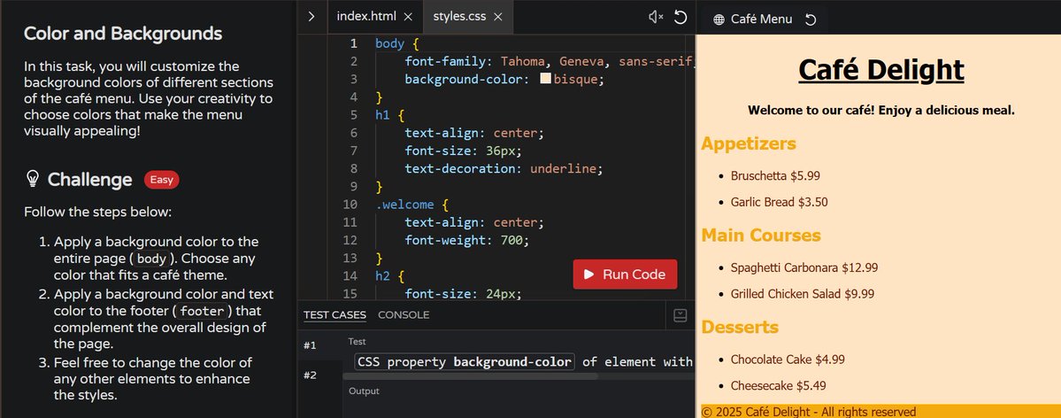 MoniTechCodes's tweet image. Day 57
Cafe Menu with HTML & CSS
✅ Built a simple cafe menu layout.
🎯 Practiced styling and aligning text with backgrounds.
💻 Feeling more confident with CSS structure!
#30NitesOfCode #100DaysOfCode #CodingJourney
codedex.io/community/30-n…