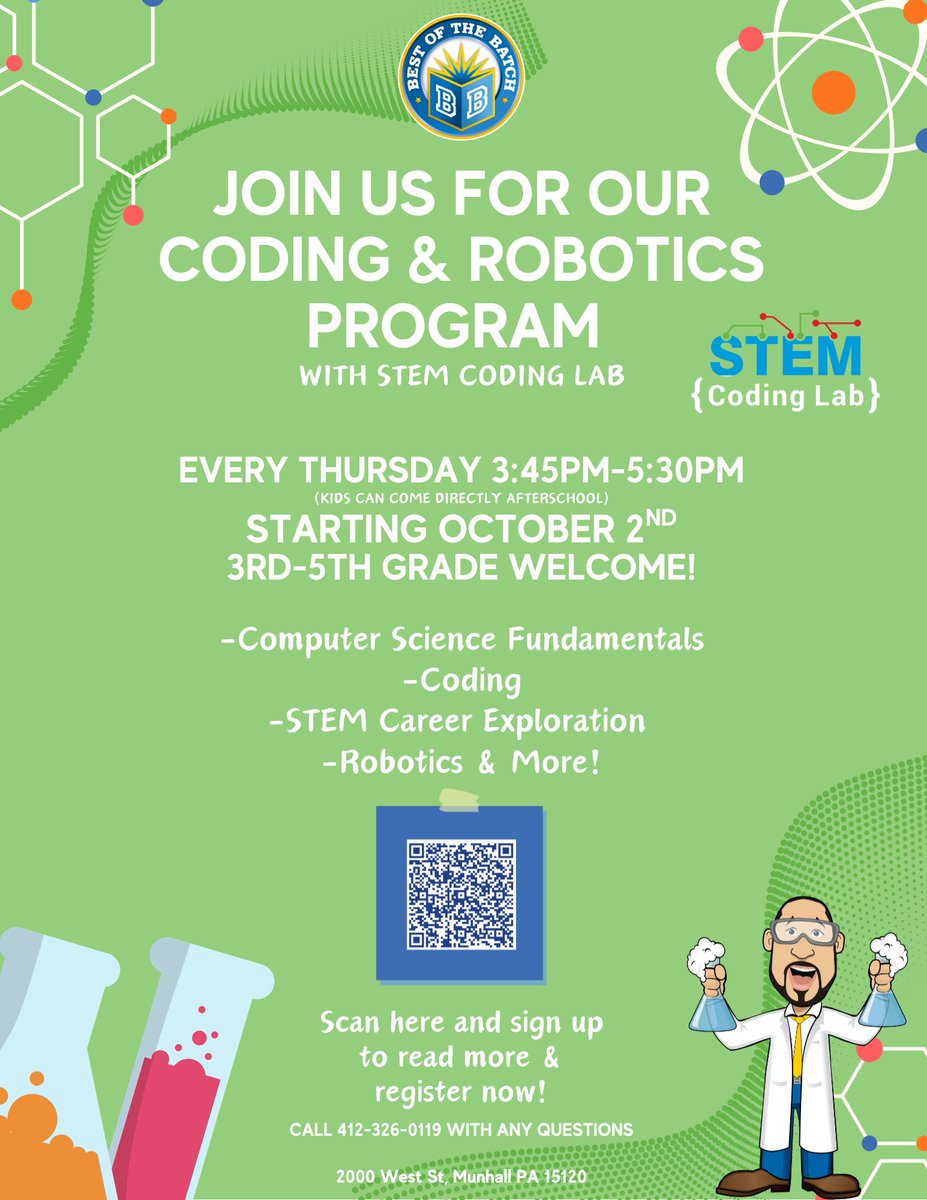 BestoftheBatch's tweet photo. Do you know any 3rd-5th grade students interested in STEM? Join us for our Coding and Robotics program. Scan the QR code or use the link in our bio! #bestofthebatch #batchfoundation #stemandcoding https://t.co/duCN7i9Ik8