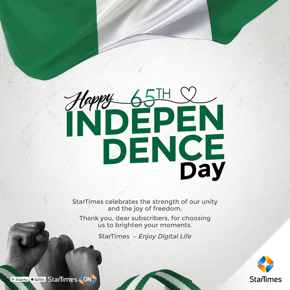 StarTimes_Ng's tweet photo. From all of us at StarTimes, we celebrate the spirit, resilience, and unity of our great nation.

Happy Independence Day, Nigeria! 🎉💚

#IndependenceDay #StarTimesCares #Nigeria https://t.co/MruMaXWpNo