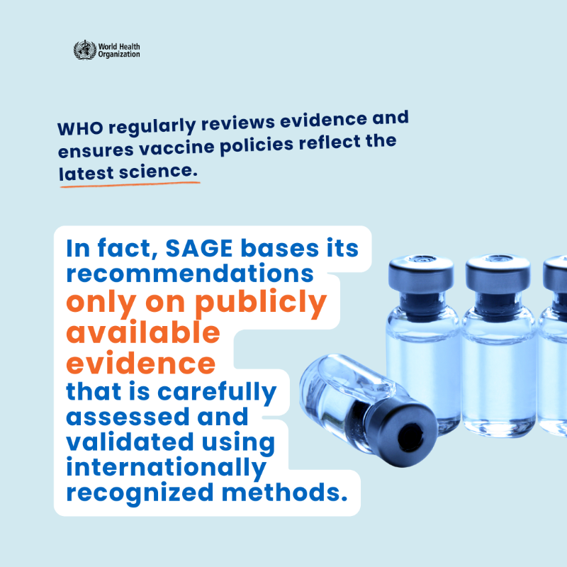 WHO's tweet photo. Did you know that since 1999 an independent group of global experts called the Strategic Advisory Group of Experts on Immunization (SAGE) has been providing WHO evidence-based recommendations on #vaccines?