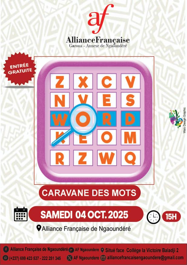 CARAVANE DES MOTS POUR ENFANTS 🧑‍🦱 !!!

Venez nombreux participer à la "#Caravane #des #Mots",un atelier ludique et stimulant spécialement conçu pour les enfants🙍! 
Organisé par l'Alliance Française de Ngaoundéré, le #SAMEDI04OCTOBRE2025à15H.
Nous avons hâte de vous accueillir🥰!