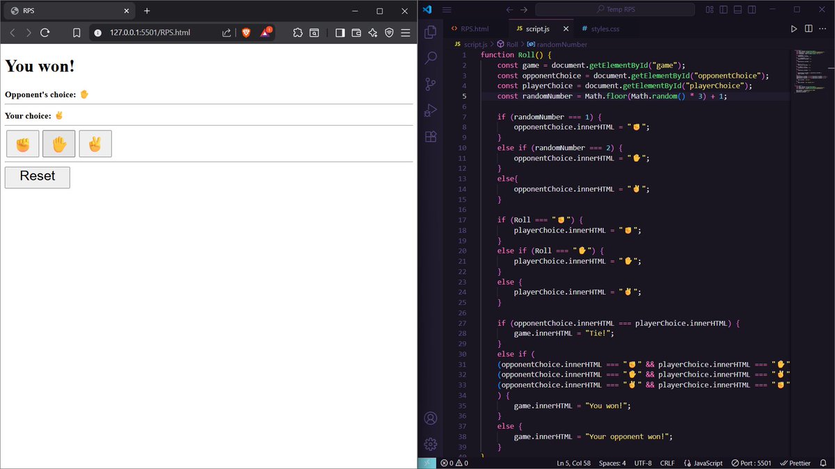 GhimireSiddanta's tweet photo. #LUD3 #LearningUtsav2025 #FestivalOfLearning
I built the Rock Paper Scissors game in JavaScript. The game is functional with minimal UI. I applied flexbox logic that I learned in first day, while making minimal UI with CSS. https://t.co/QlxwLHuicR