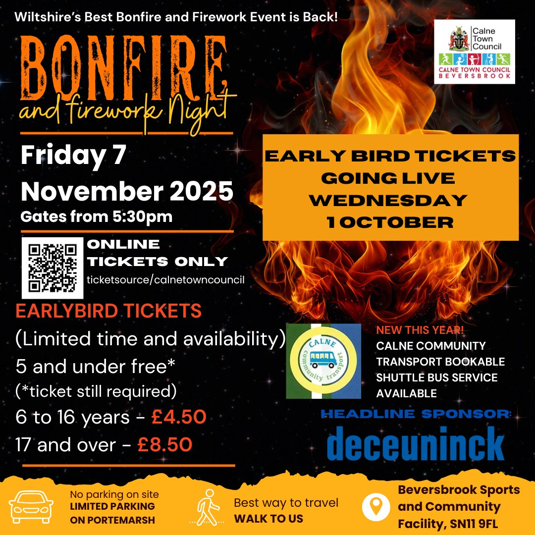 CalneTC's tweet image. The wait is nearly over!
Early Bird Tickets for the Calne Bonfire and Firework Night go live 9am tomorrow!
#calnebonfireandfireworksnight #TicketsOnSaleSoon #EarlyBirdTickets #calnecommunity