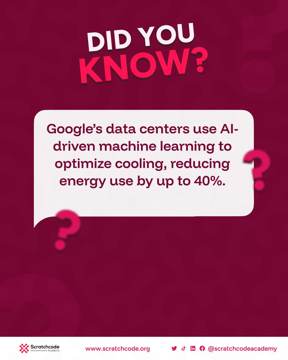 scratchcode_aca's tweet image. Did you know Google uses AI to cut cooling energy by up to 40% in its data centers?
Smarter code = greener planet. 
Join Scratchcode Academy today 🚀 ✨️ 
#DidYouKnow #AI #TechForGood #scratchcodeacademy #EveryoneCanCode