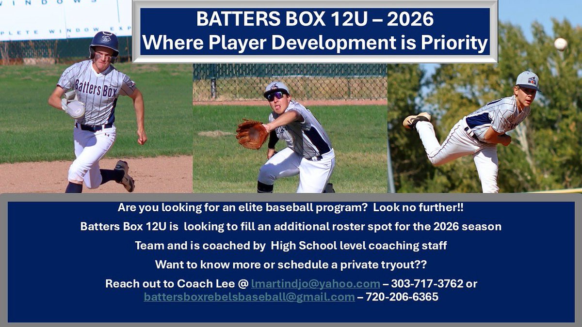 We are looking to add one more player to our 2026 12U tournament team. Reach out or DM’s for more information. This team is coached by paid high school coaches.￼<a href="/SJSABaseball/">SouthJeff Baseball</a> <a href="/southjeffsports/">South Jeffco Sports</a> <a href="/southjeffco/">southjeffcoleague</a> <a href="/Rebel_Athletics/">Columbine Athletics</a> <a href="/CHS_Rebelbasebl/">Columbinebaseball</a>
