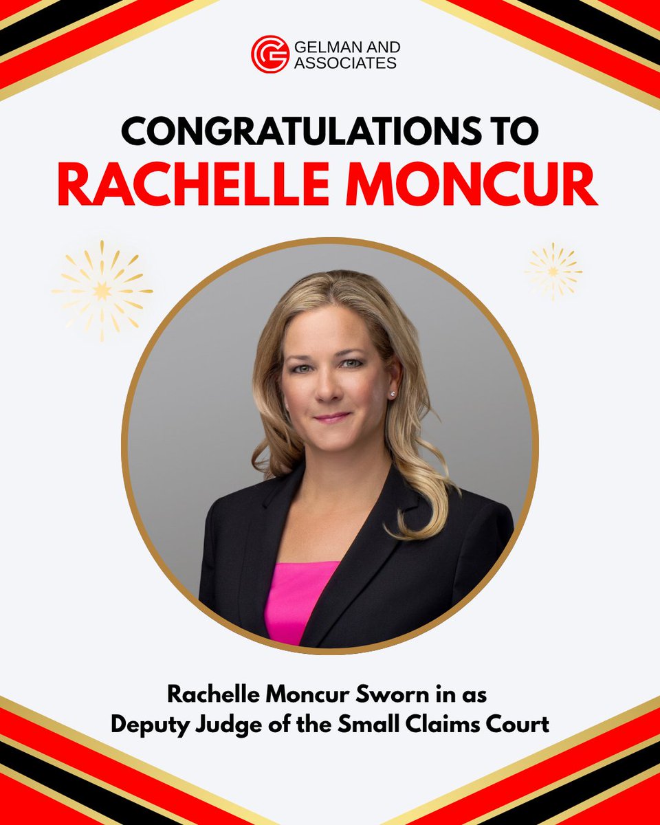 GelmanLaw's tweet photo. Congratulations to Rachelle Moncur on her swearing in as a Deputy Judge of the Small Claims Court. 

As a Deputy Judge, Rachelle will preside over small claims proceedings in Toronto a few days per month while continuing to practice family law with Gelman &amp; Associates. https://t.co/5GlqNZyQqQ