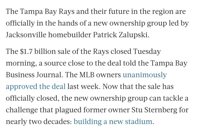 RaysTheRoofTB's tweet photo. According to @TBBJnewsroom, the sale of the Rays to Patrick Zalupski &amp; co. closed today

THE SALE OF THE RAYS (reportedly) IS DONE https://t.co/0KuaYR5amF