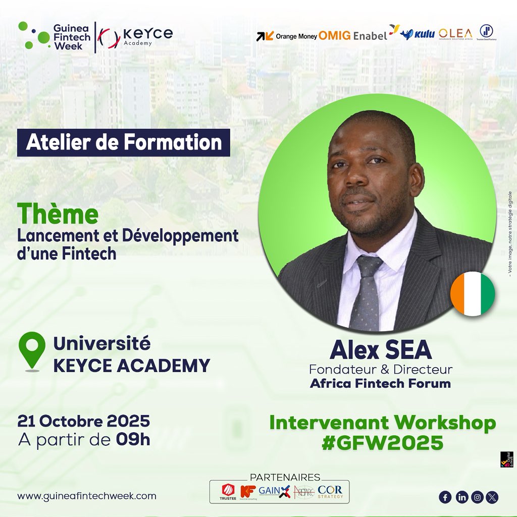 Side Events #GFW2025

📍 Univ. KEYCE Academy – 21 Oct. 2025, 09h

🔹 Cybersécurité &amp; IT Audit – Dr Soda DIOP 🇸🇳
🔹 Lancement &amp; Dév. d’une Fintech – Alex SEA 🇨🇮

👉 Inspiring workshops to shape the future of #Fintech &amp; #CyberSecurity in Africa!

#GuineaFintechWeek #Innovation