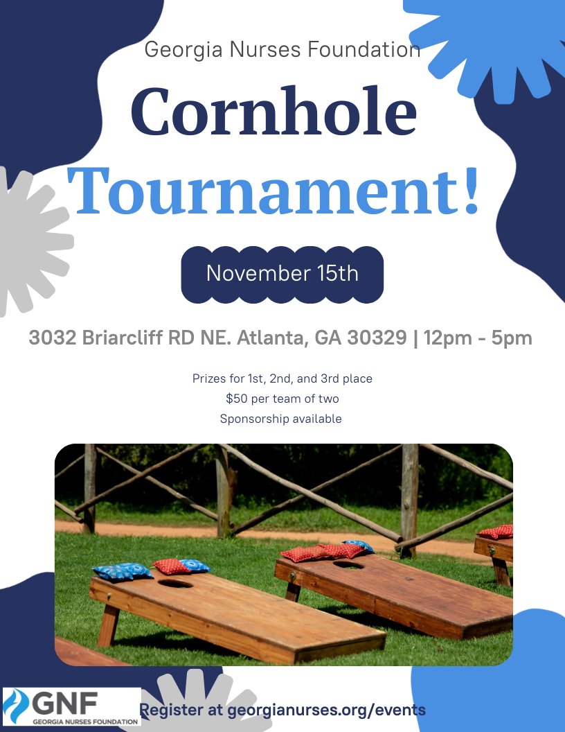 Toss a bag for a Georgia nurse! Proceeds will fund the GNF Scholarship Program and initiatives designed to advance the profession of nursing in our state and healthcare for all. Get a friend and sign up today!

cornholeatl.leaguelab.com/league/92371/d…

#GeorgiaNurses #Nurses #Nursing