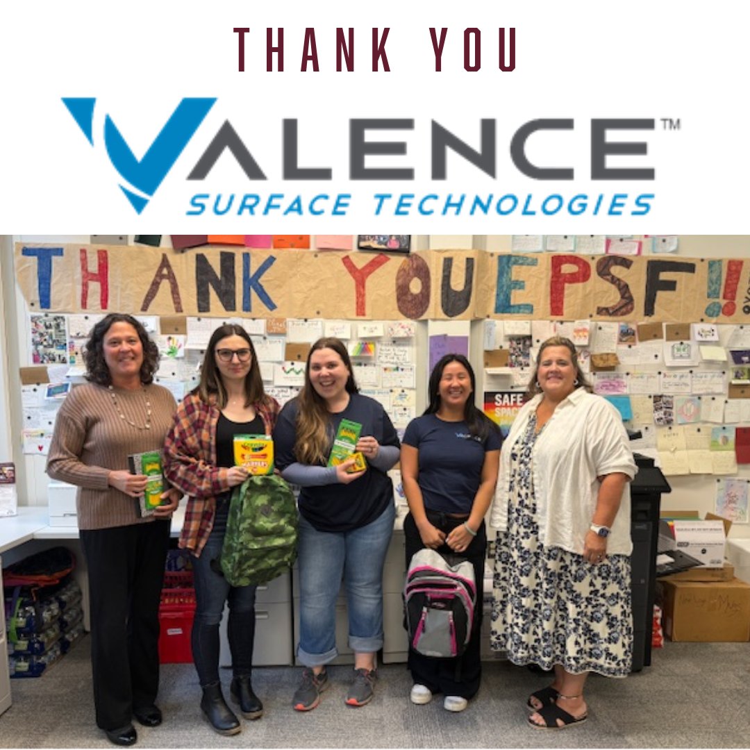 Big shoutout to <a href="/ValenceST/">Valence Surface Technologies</a> , Kristi Kleine, Stephanie Dobson, and Tina Le for dropping off the school supplies the team collected for EPS Students!
We are so grateful for their new partnership in having a positive impact for our students and families 💙