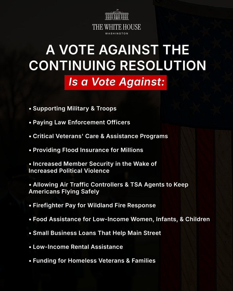 WhiteHouse's tweet image. While Republicans are dedicated to keeping the government open &amp;amp; ensuring stability for seniors, veterans, troops, &amp;amp; families nationwide, Democrats are ready to shut it down &amp;amp; vote AGAINST the needs of MILLIONS of Americans.

The Democrats&apos; Disaster on full display.