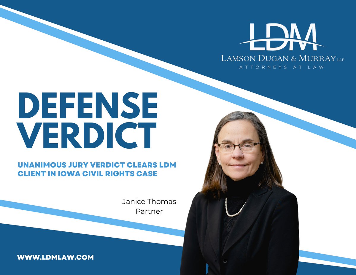 Defense verdict secured ✅
Unanimous jury ✅
No discrimination found ✅

LDM’s Janice Thomas successfully defended a manufactured home community owner in an Iowa Civil Rights case.
#LDMlaw #DefenseVerdict #CivilRights #IowaLaw #LitigationSuccess