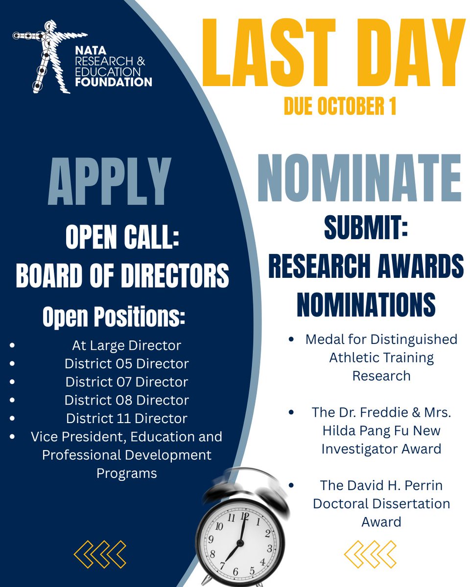 ⏰ Final Call – Oct 1 deadlines! 💙

📣 Join the Board: Help lead, advance research &amp; shape the future.
👉 natafoundation.org/who-we-are/boa…
🏆 Nominate a Research Leader: Honor excellence in AT.
👉 natafoundation.org/who-we-are/fdt…

#NATAFoundation