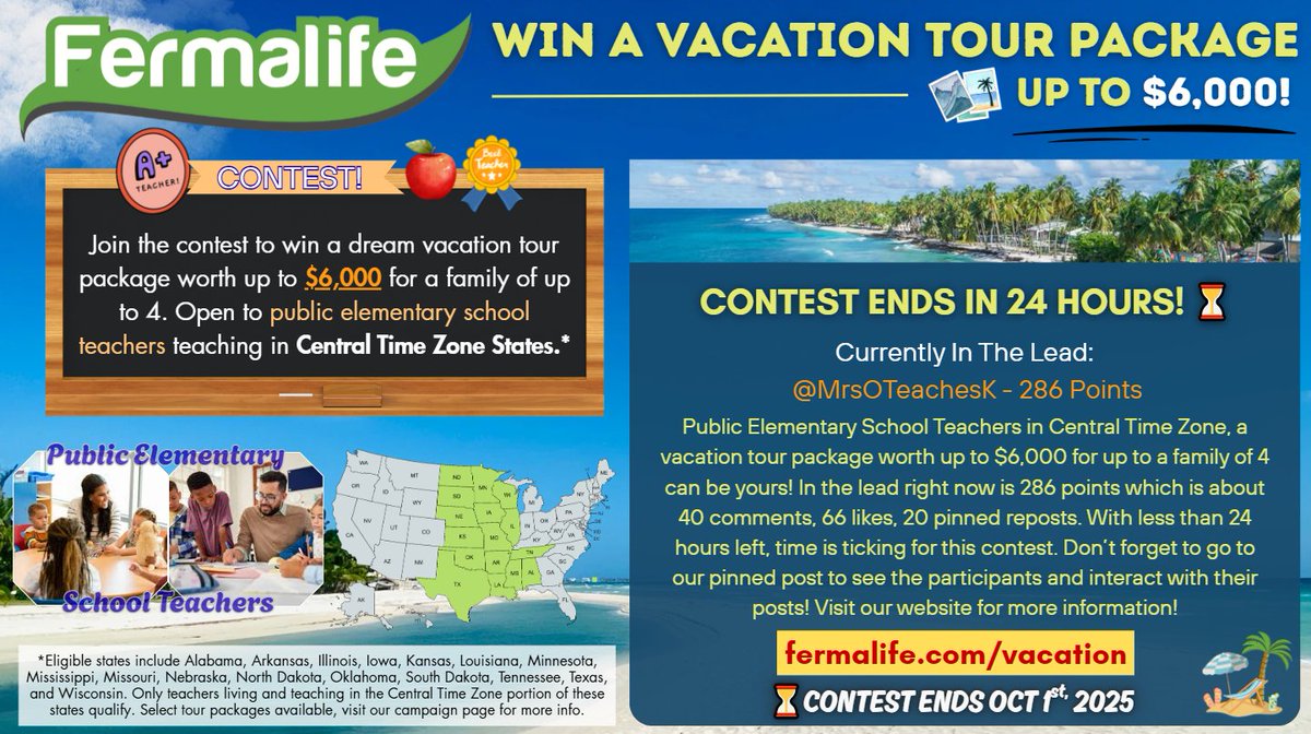 📣 Public school teachers in the Central Time zone, your chance to win a 🏝️ vacation tour package⛱️ up to $6,000 for a family up to 4 isn’t over yet! ⏳ With the contest ending in less than 24 hours every comment, like, and pinned reposts could bring you closer to beat the top